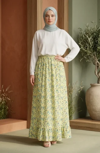 Jupe à Taille élastique Et Motif Floral 0303-01 Jaune 0303-01
