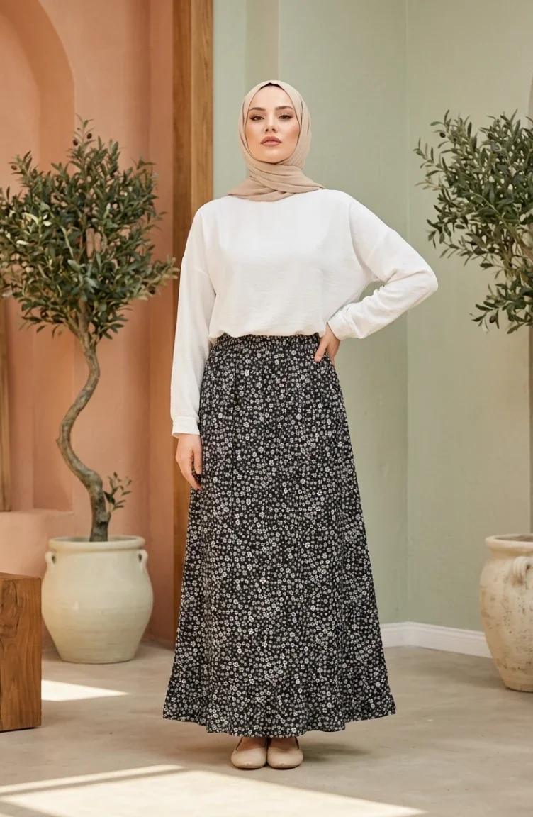 Jupe à Taille élastique Et Motif Floral 0304-01 Noire 0304-01