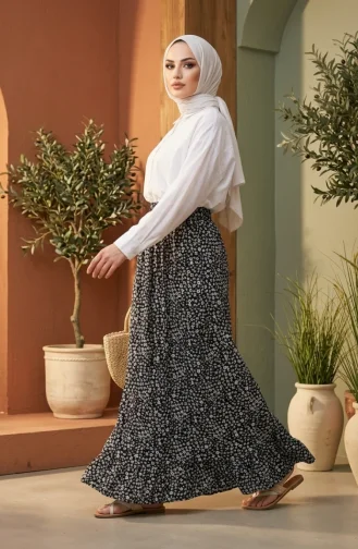 Jupe à Taille élastique Et Motif Floral 0304-01 Noire 0304-01