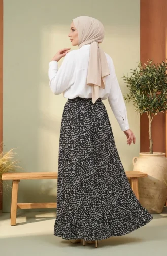 Jupe à Taille élastique Et Motif Floral 0304-01 Noire 0304-01