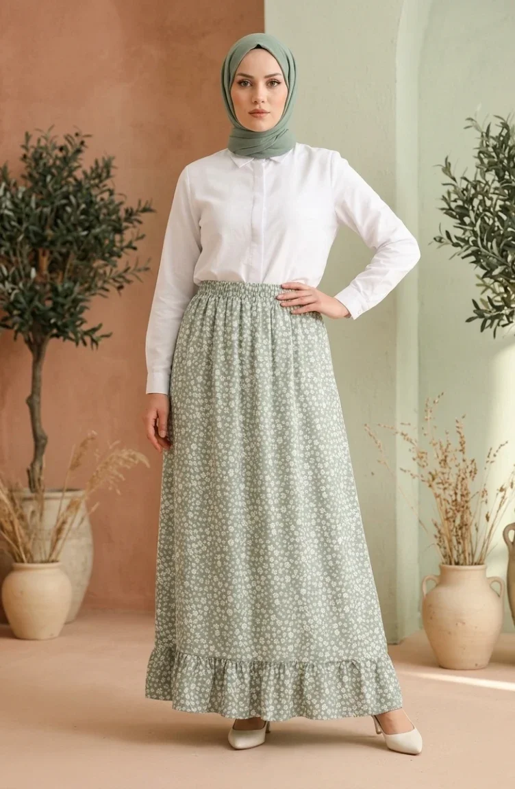 Jupe à Motif Floral Avec Taille élastique 0304-02 Kaki 0304-02
