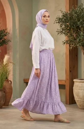 Jupe à Taille élastique Et Motif Floral 0304-03 Lilas 0304-03