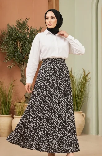 Jupe à Motif Géométrique Avec Taille élastiquée 0305-01 Noire 0305-01