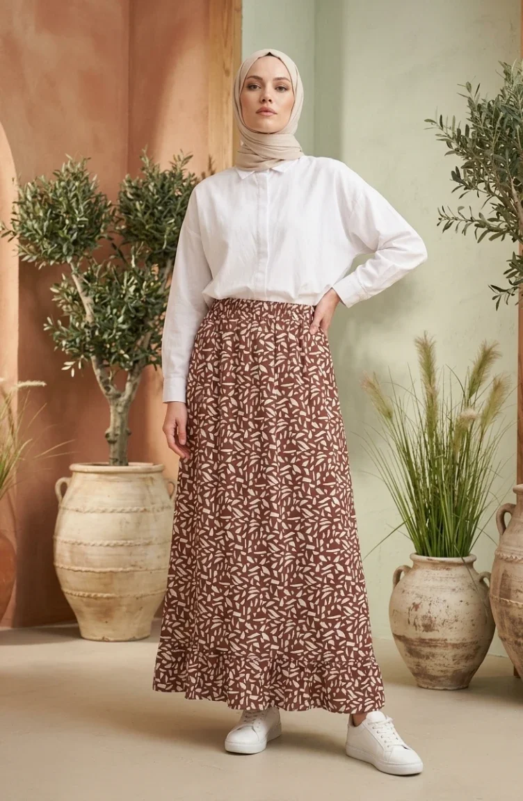 Jupe à Motif Géométrique Et Taille élastiquée 0305-02 Marron 0305-02