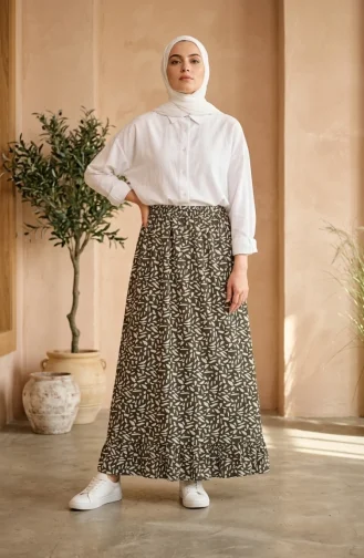 Jupe à Motif Géométrique Et Taille élastiquée 0305-03 Kaki 0305-03