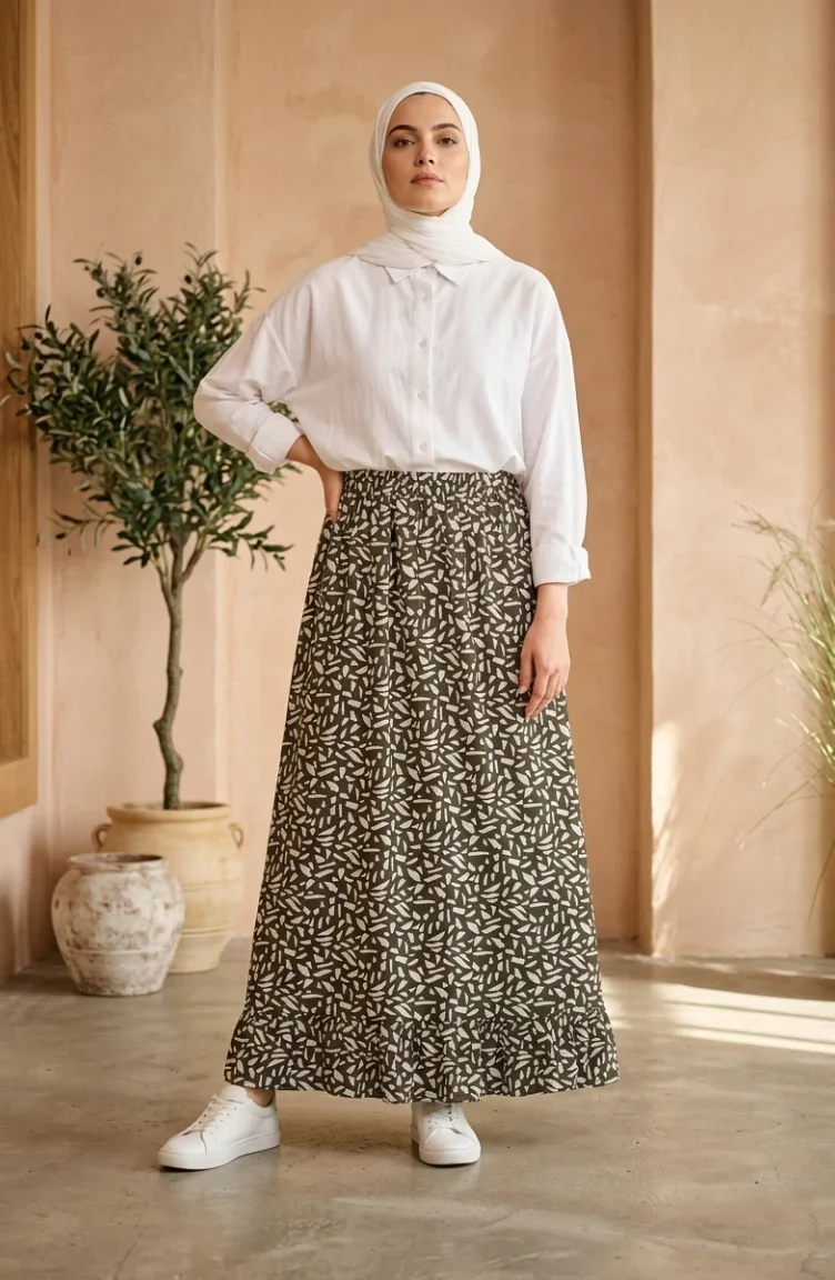 Jupe à Motif Géométrique Et Taille élastiquée 0305-03 Kaki 0305-03