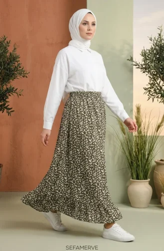 Jupe à Motif Géométrique Et Taille élastiquée 0305-03 Kaki 0305-03