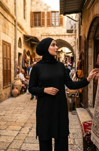 طقم حجاب من قطعتين، تونيك وبنطال من قماش مجعد، أسود اللون (0571-01) 0571-01