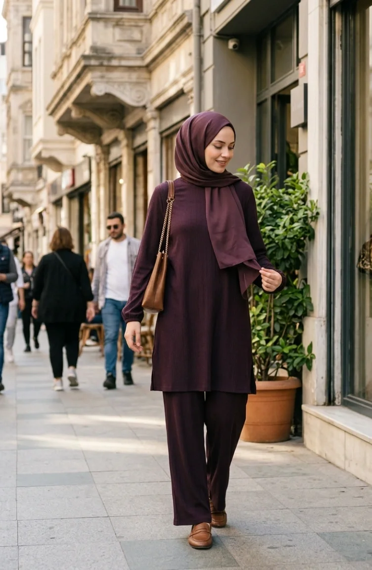 طقم حجاب من قطعتين، تونيك وبنطال من قماش مجعد، لون برقوقي (0571-04) 0571-04