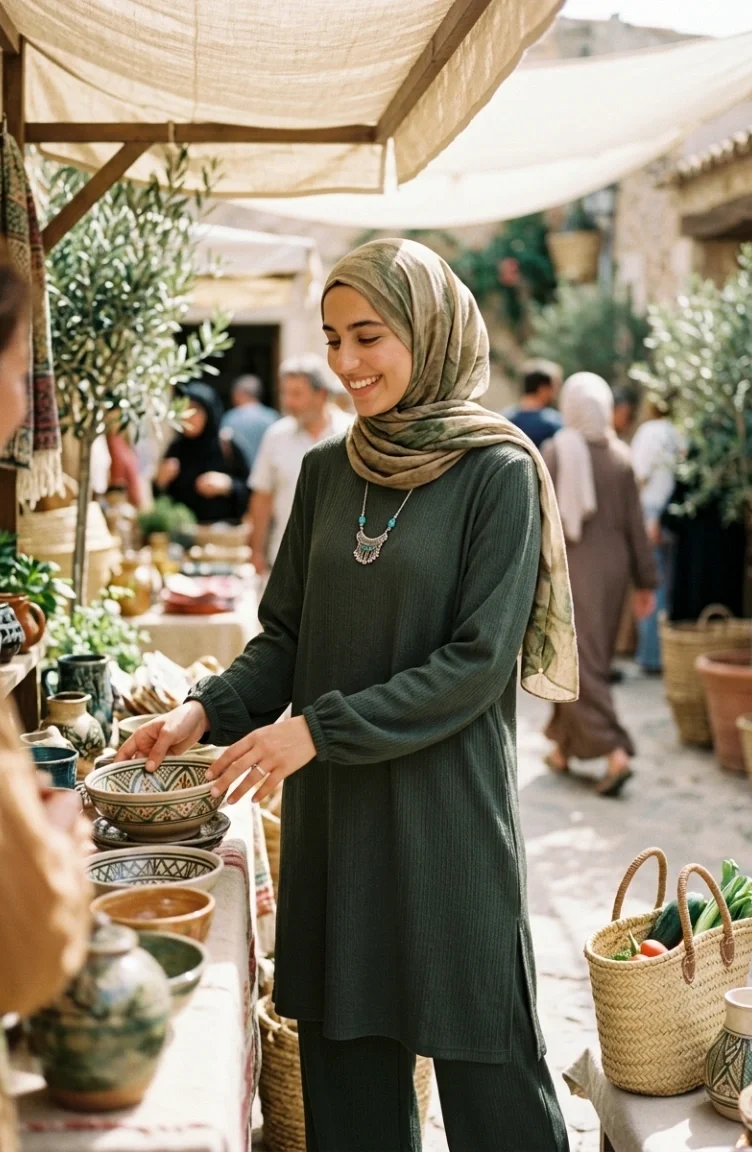 طقم حجاب من قطعتين، تونيك وبنطال من قماش مجعد، لون كاكي 0571-05 0571-05