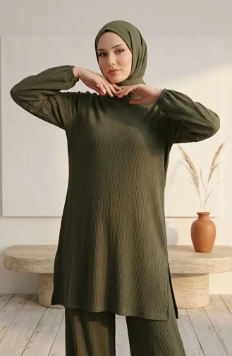 طقم حجاب من قطعتين، تونيك وبنطال من قماش مجعد، لون كاكي 0571-05 0571-05