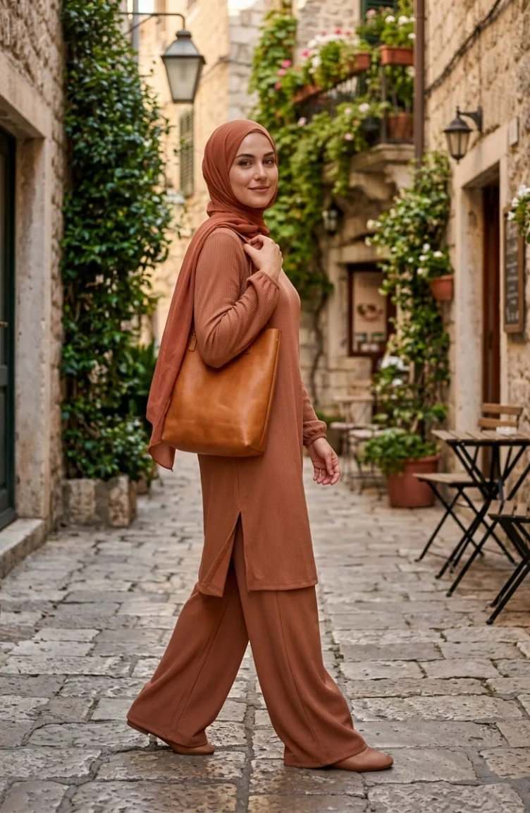 طقم حجاب من قطعتين، تونيك وبنطال من قماش مجعد، لون قهوة بالحليب 0571-06 0571-06