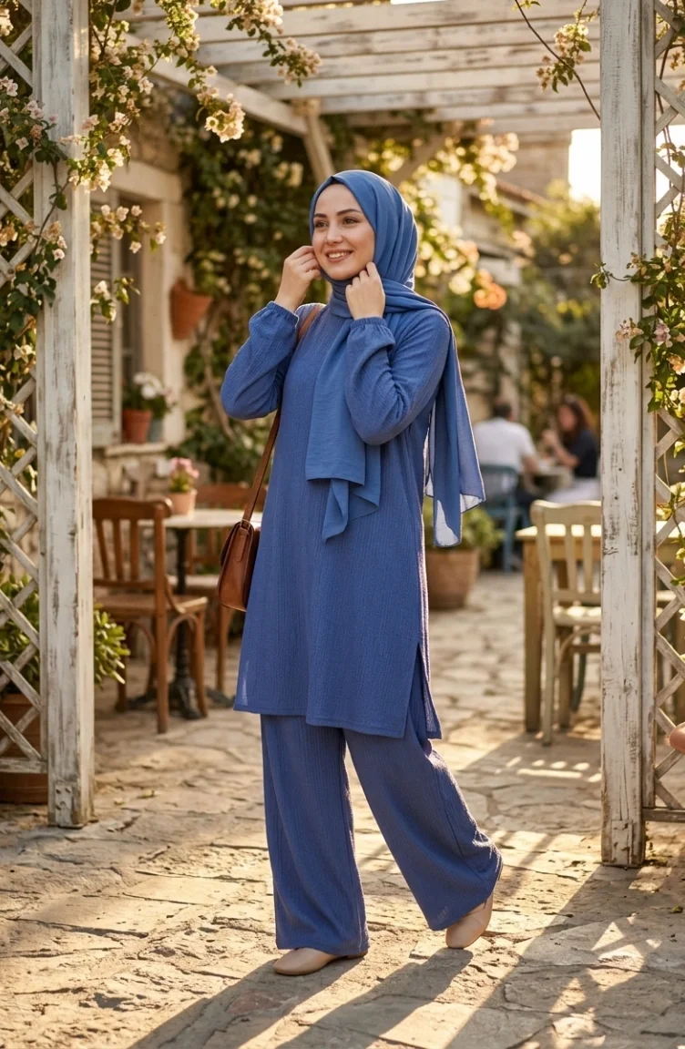 Bürümcük Kumaş Tunik Pantolon Tesettür ikili Takım 0571-07 İndigo