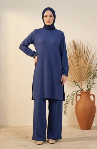 Bürümcük Kumaş Tunik Pantolon Tesettür ikili Takım 0571-07 İndigo