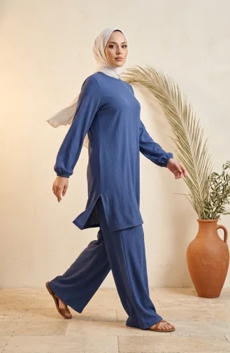 Bürümcük Kumaş Tunik Pantolon Tesettür ikili Takım 0571-07 İndigo