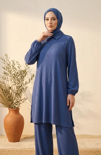 Bürümcük Kumaş Tunik Pantolon Tesettür ikili Takım 0571-07 İndigo