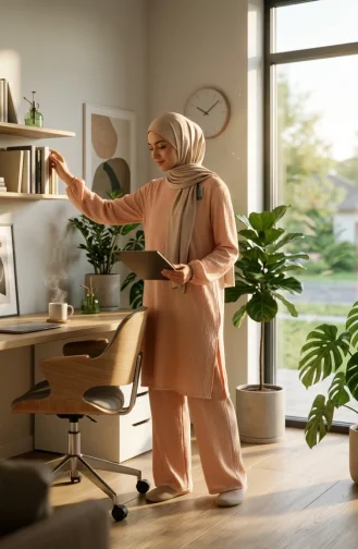 Bürümcük Kumaş Tunik Pantolon Tesettür ikili Takım 0571-08 Bej