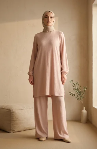 Bürümcük Kumaş Tunik Pantolon Tesettür ikili Takım 0571-08 Bej
