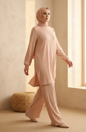 Bürümcük Kumaş Tunik Pantolon Tesettür ikili Takım 0571-08 Bej