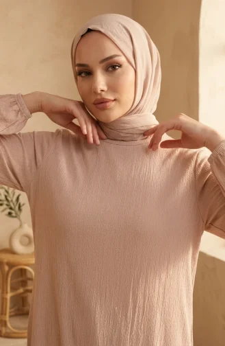 Bürümcük Kumaş Tunik Pantolon Tesettür ikili Takım 0571-08 Bej