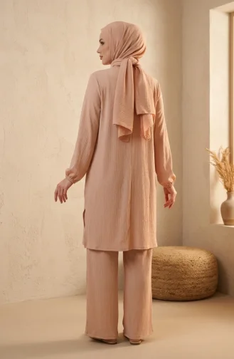 Bürümcük Kumaş Tunik Pantolon Tesettür ikili Takım 0571-08 Bej