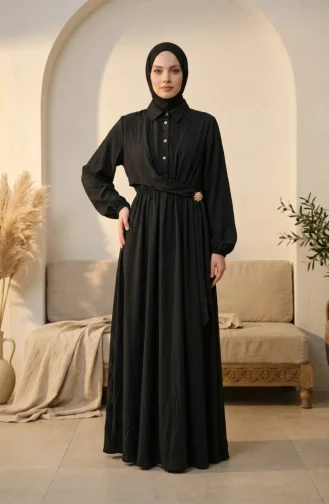 Robe Noire à Demi-boutons Et Taille élastiquée 0319-03 0319-03
