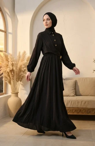 Robe Noire à Demi-boutons Et Taille élastiquée 0319-03 0319-03