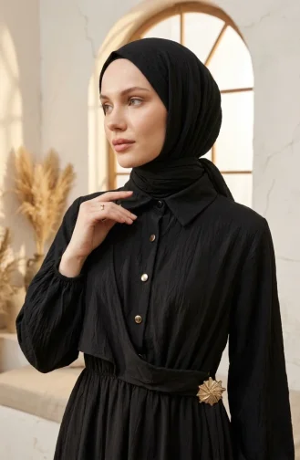 Robe Noire à Demi-boutons Et Taille élastiquée 0319-03 0319-03