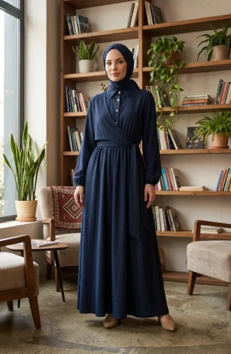 Robe à Demi-boutonnage Et Taille élastiquée 0319-07 Bleu Marine 0319-07