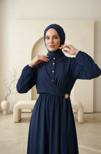 Robe à Demi-boutonnage Et Taille élastiquée 0319-07 Bleu Marine 0319-07