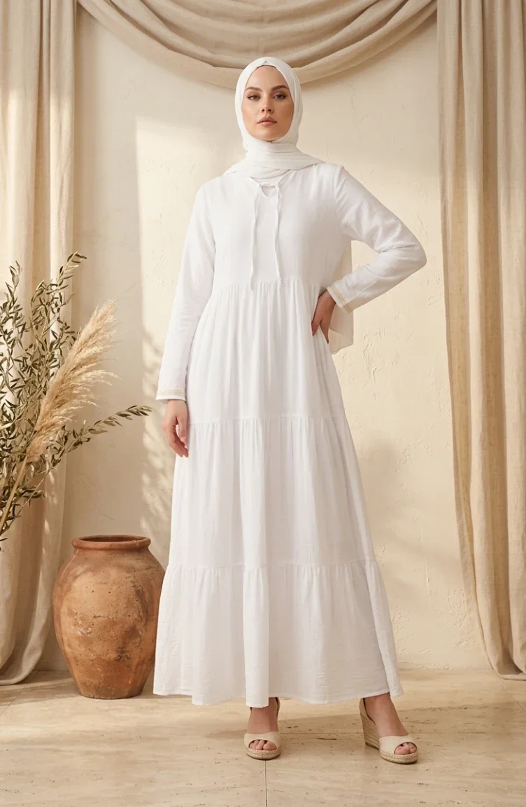 Robe Hijab En Tissu Şile 6880-01 Blanc 6880-01