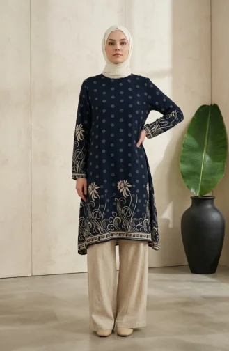 Viscose Fabric Patterned Tunic 1016-01 Navy Blue 1016-01