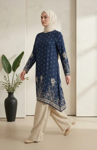 Viscose Fabric Patterned Tunic 1016-01 Navy Blue 1016-01