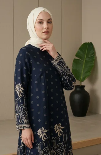 Viscose Fabric Patterned Tunic 1016-01 Navy Blue 1016-01