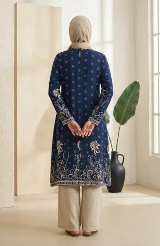 Viscose Fabric Patterned Tunic 1016-01 Navy Blue 1016-01