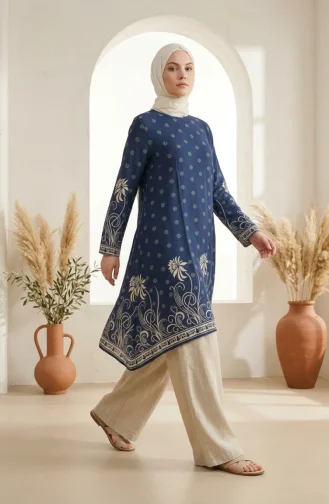 Viscose Fabric Patterned Tunic 1016-04 Indigo 1016-04