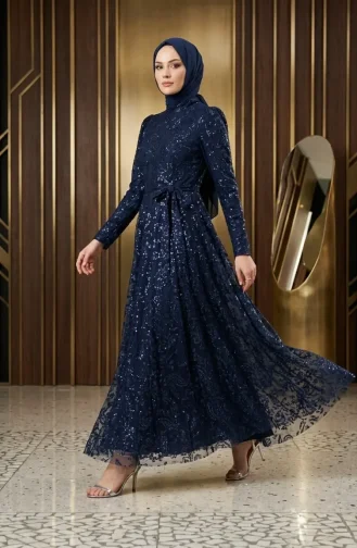islamic evening dresses Long Sleeve Navy Blue Islamic Prom Dress 25851L