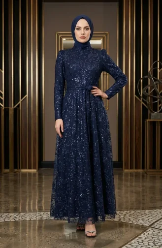 Glitzerndes Abendkleid Mit Gürtel Und Hijab 5808-01 Marineblau 5808-01