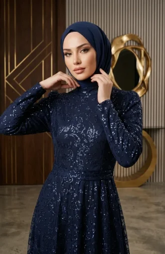Glitzerndes Abendkleid Mit Gürtel Und Hijab 5808-01 Marineblau 5808-01