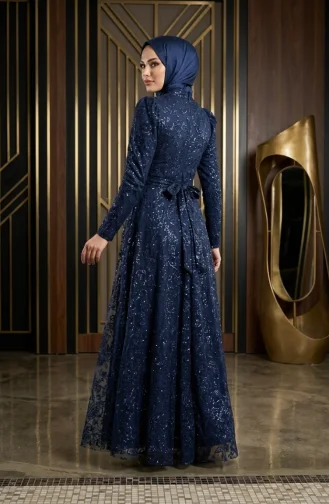 Glitzerndes Abendkleid Mit Gürtel Und Hijab 5808-01 Marineblau 5808-01