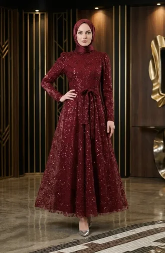 Simli Kuşaklı Tesettür Abiye Elbise 5808-03 Bordo