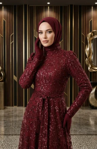 Simli Kuşaklı Tesettür Abiye Elbise 5808-03 Bordo