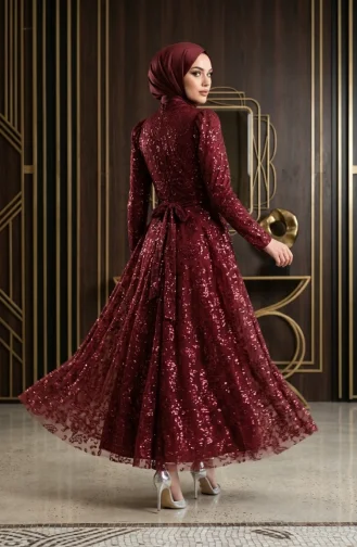 Simli Kuşaklı Tesettür Abiye Elbise 5808-03 Bordo