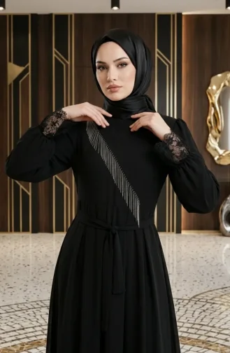 Şifon Taşlı Kuşaklı Tesettür Abiye Elbise 5809-01 Siyah