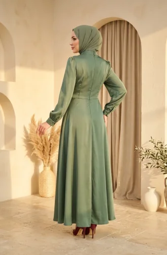 Saten Kumaş Belde Broşlu Tesettür Abiye Elbise 5811-03 Çağla Yeşili