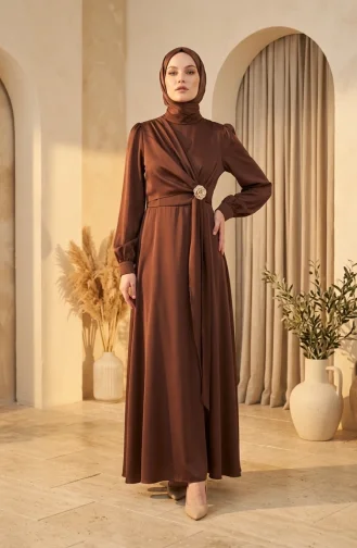 Robe De Soirée En Satin Marron Avec Hijab Et Broche à La Taille 5811-04 5811-04