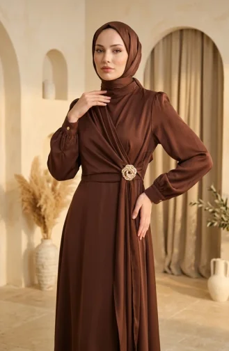 Robe De Soirée En Satin Marron Avec Hijab Et Broche à La Taille 5811-04 5811-04