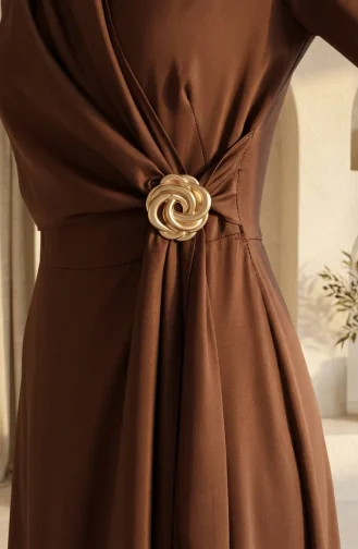 Robe De Soirée En Satin Marron Avec Hijab Et Broche à La Taille 5811-04 5811-04