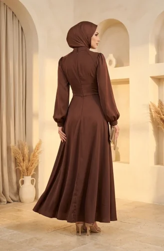 Robe De Soirée En Satin Marron Avec Hijab Et Broche à La Taille 5811-04 5811-04