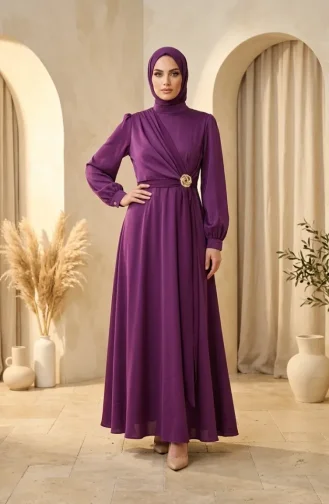 Saten Kumaş Belde Broşlu Tesettür Abiye Elbise 5811-05 Mürdüm